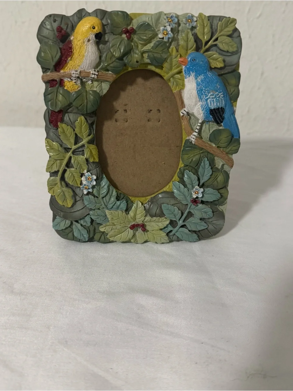 Vintage Green Leaf Picture Frame with Blue and Yellow Birds Ceramic Colorful